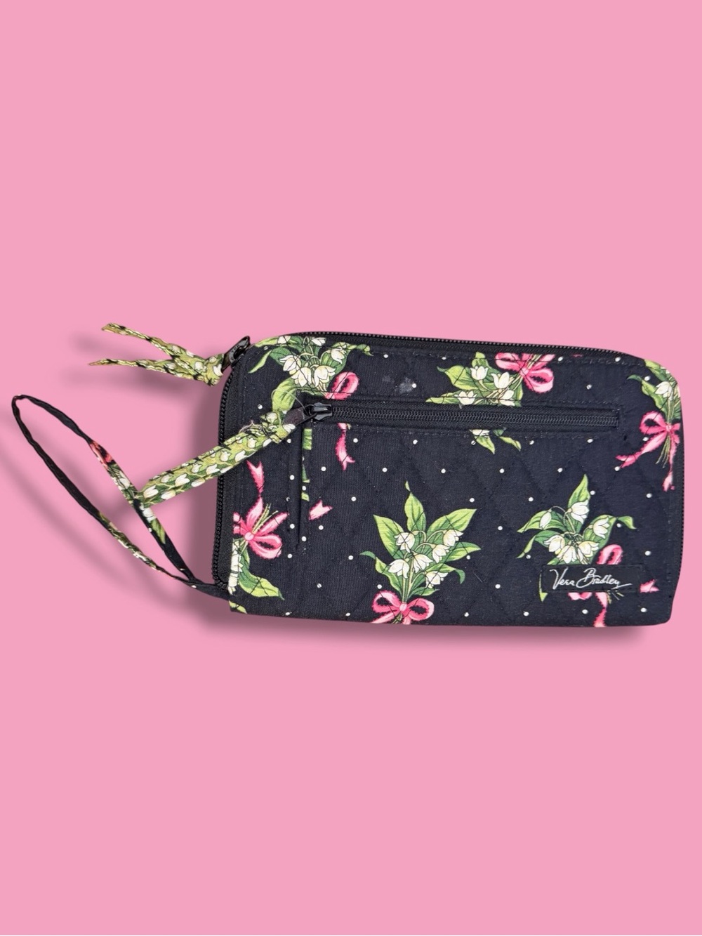 Vera Bradley Black Floral Wristlet with Pink Bow Accents